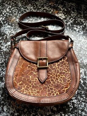 Fossil Brown Leather Crossbody with Giraffe-Print Panel